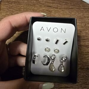 New Avon silvertone earrings 5 pairs, box and care instructions included